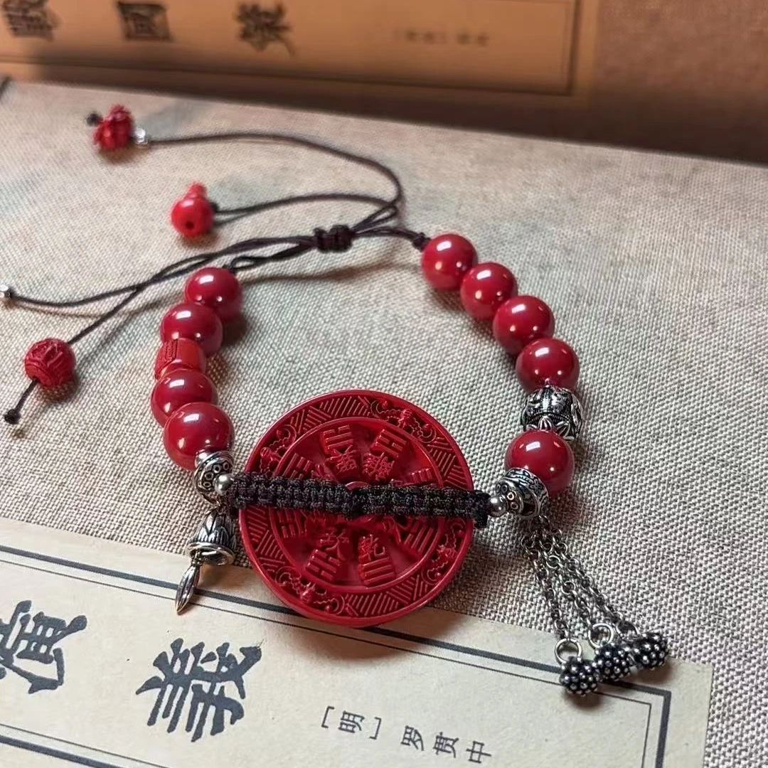 天然辰砂S925银手工银国风复古做旧朱砂手链个性国潮