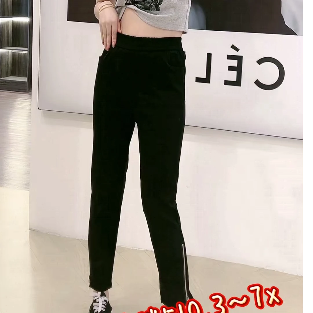 D510新款小脚裤百搭显瘦裤子设计款拉链小黑裤（高弹）