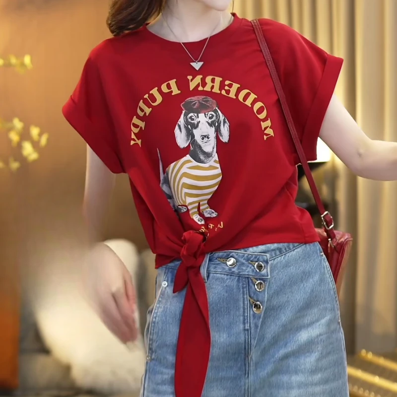 【摩登小狗】25夏季时尚圆领美式复古狗狗绑带短袖上衣LK2503012