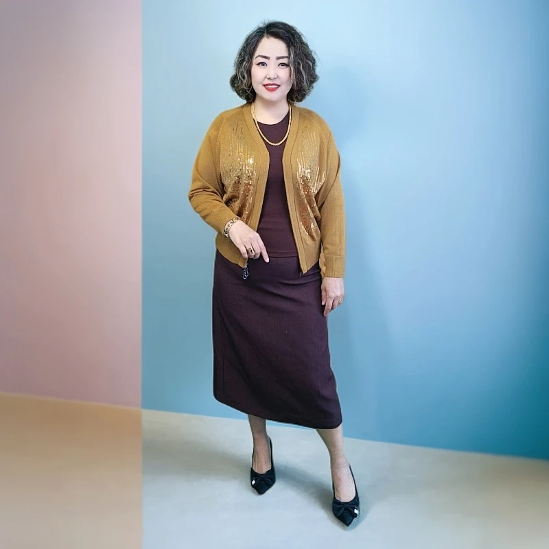 中老年妈妈装春秋针织开衫女绣花V领毛衣外套