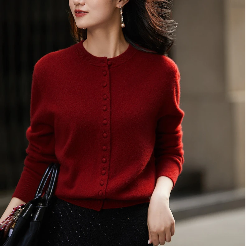 【时尚包扣】100%纯羊毛衫女红色毛衣开衫新款圆领长袖针织衫TN5762