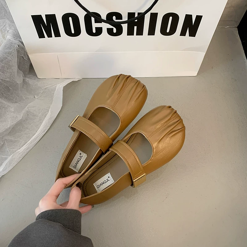 时尚百搭夏季新款一字带复古平底豆豆单鞋A82-2