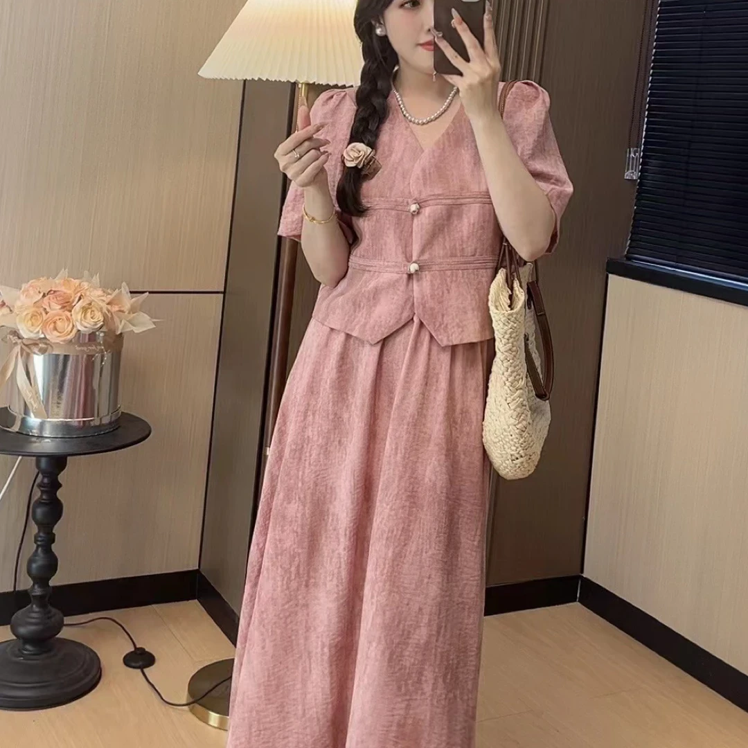 时尚显瘦套装裙女夏季气质V领上衣高腰半身裙两件套