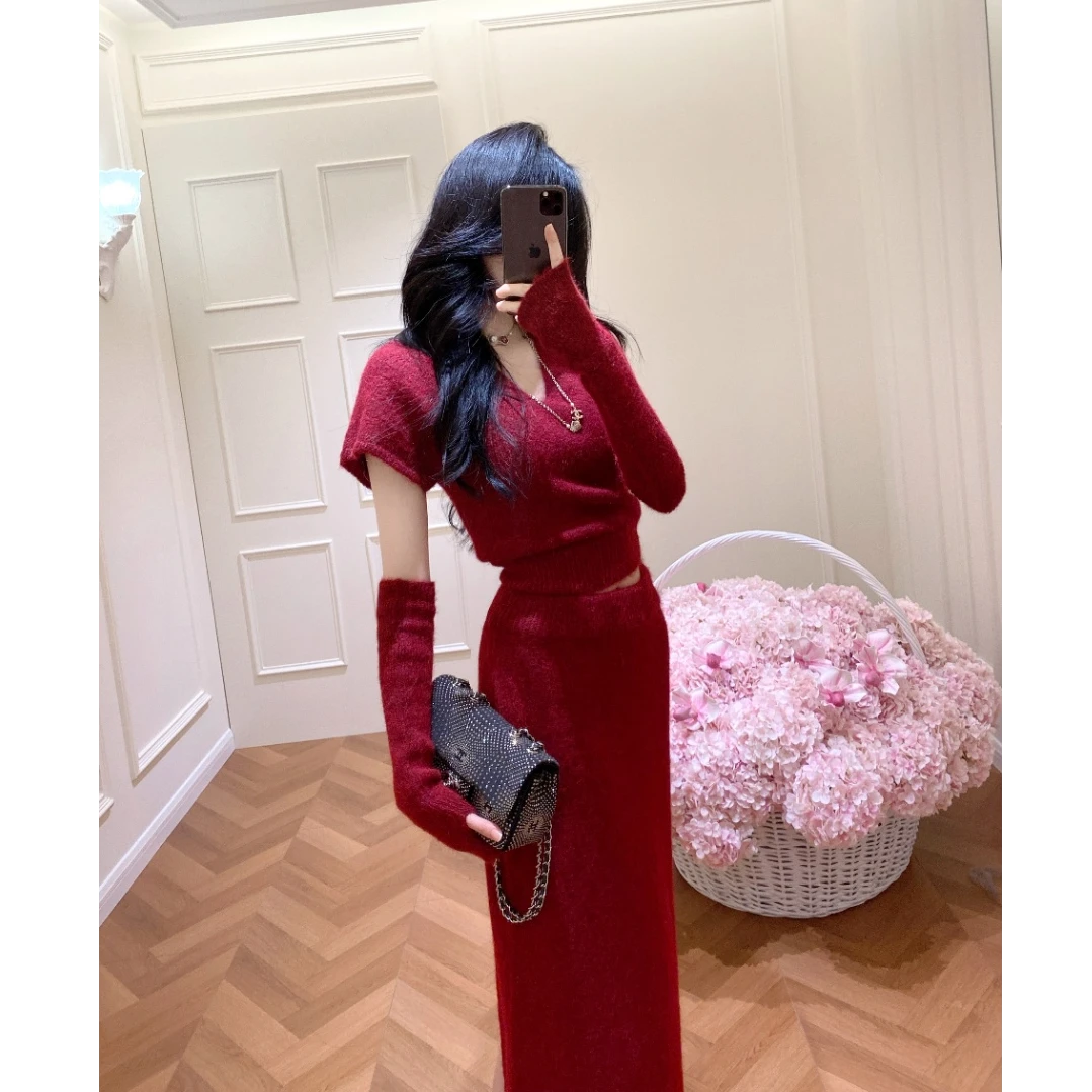 温柔风甜美简约通勤韩版时尚套装开叉针织V领毛衣百搭礼服三件套