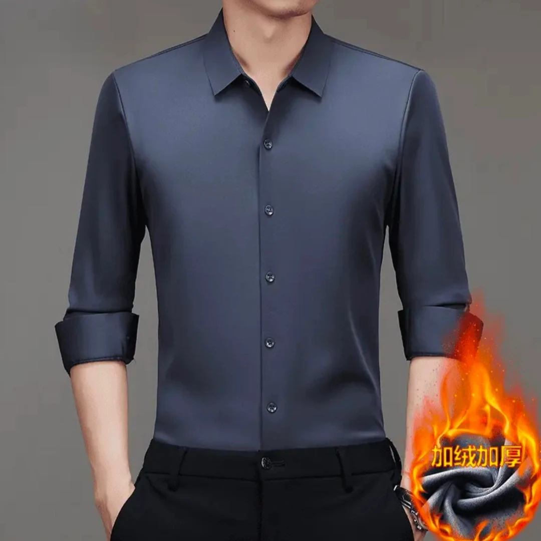 秋冬男高档长袖男士加绒加厚免烫无痕衬衫正装休闲男士商务衬衣