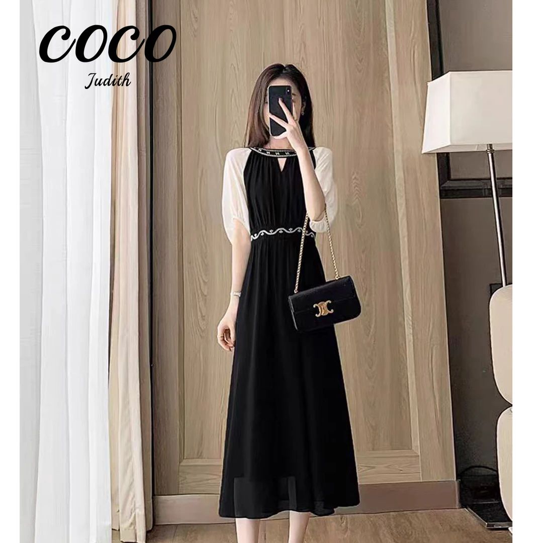 【RG6887】法式黑色雪纺连衣裙女夏季2025新款收腰显瘦拼接a字裙