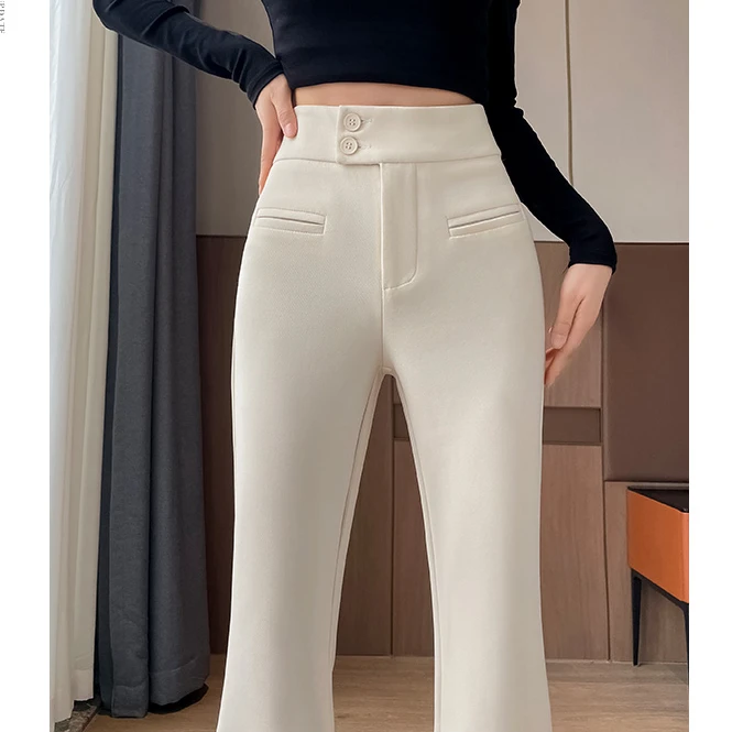 杏色高级感喇叭裤女冬季韩版垂感休闲微喇西裤加绒加厚百搭拖地裤
