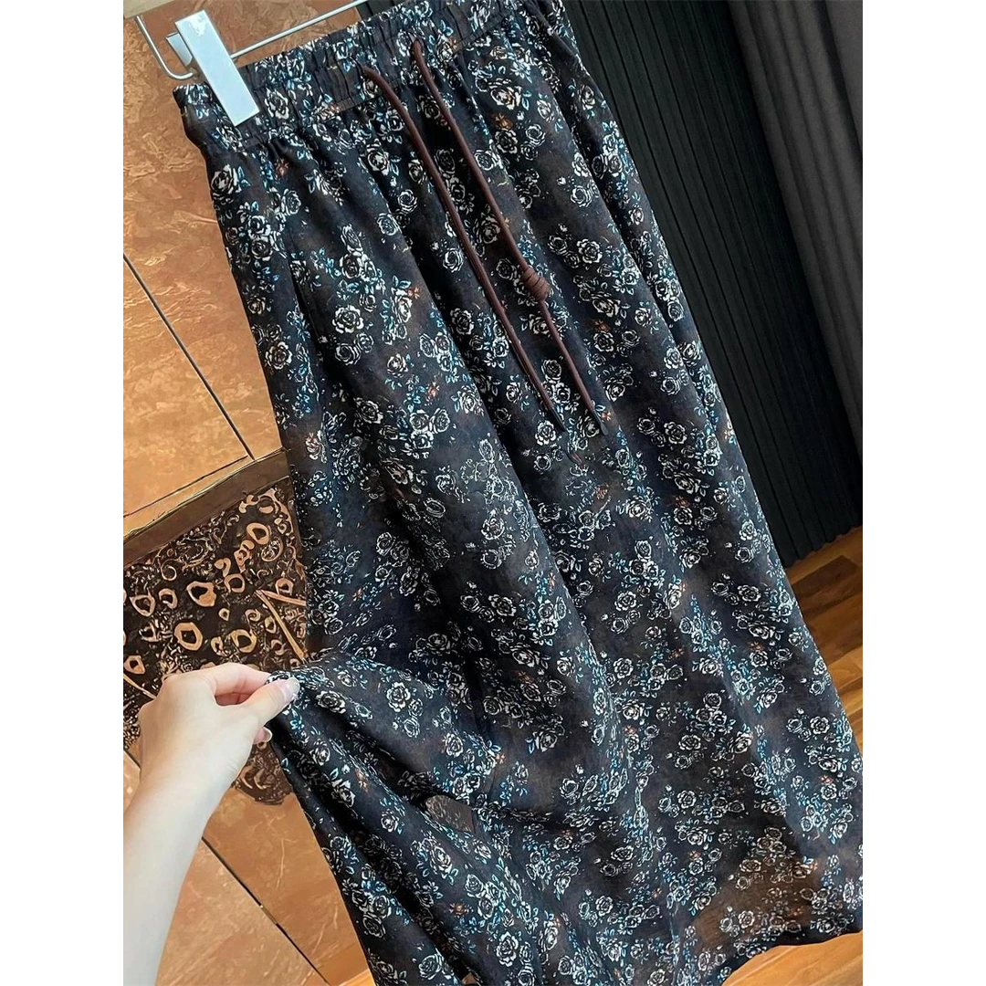 轻奢高端~半身裙女碎花飘逸印花下摆侧边开衩高腰显瘦宽松A字裙子