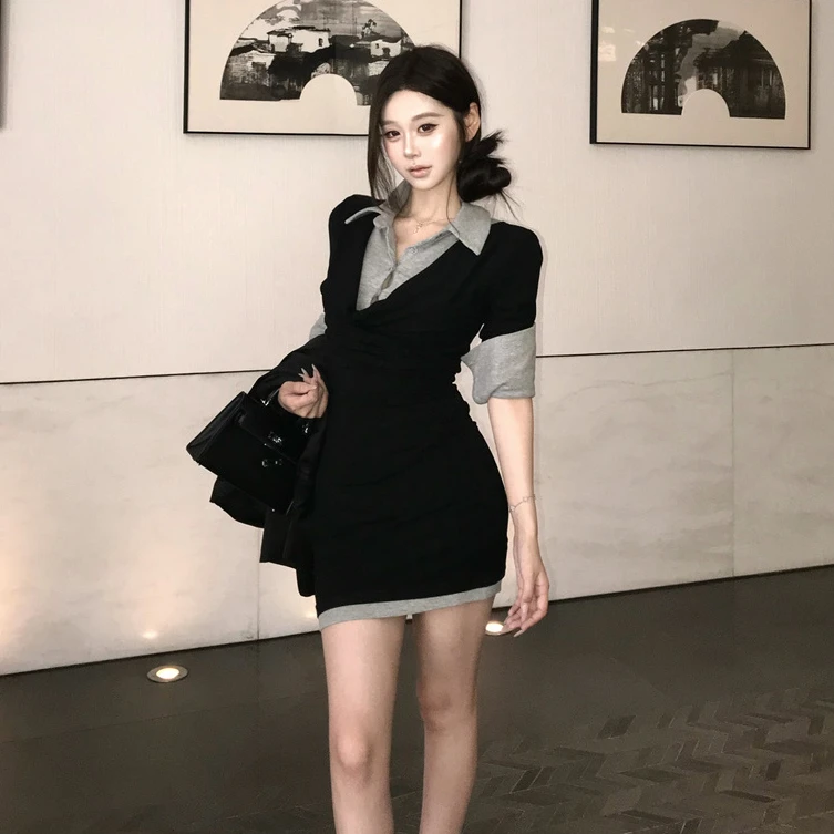 纯欲风polo领拼色假两件连衣裙女秋季美式辣妹掐腰显瘦包臀裙短裙