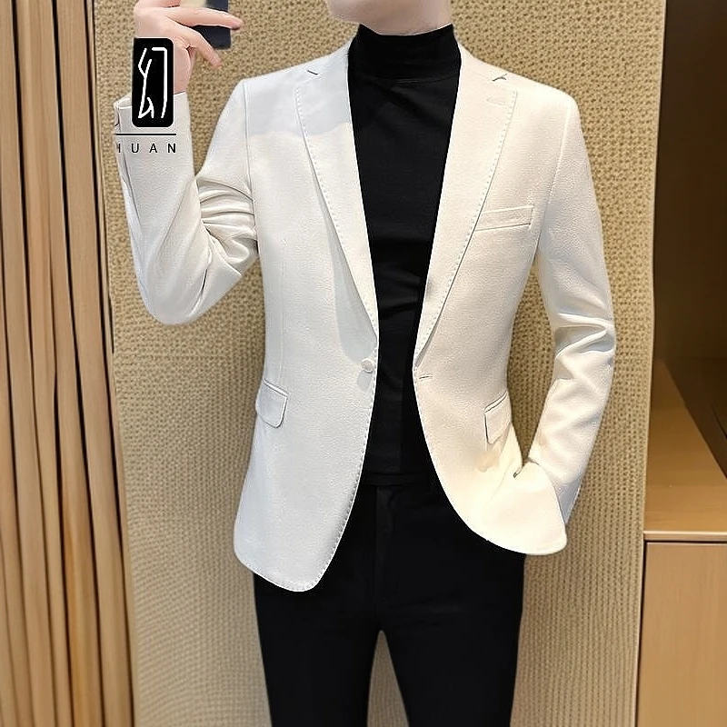 居幻休闲西装外套男款高级感韩版米白色修身单西男装2025秋装西服