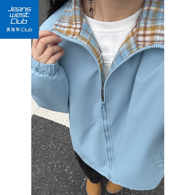 真维斯club美式格子拼接夹克春秋季宽松cleanfit氛围感翻领外套男