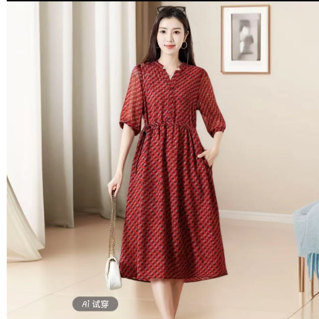 1095红色棋盘格裙子妈妈装高妈妈装洋气显瘦气质女装连衣裙