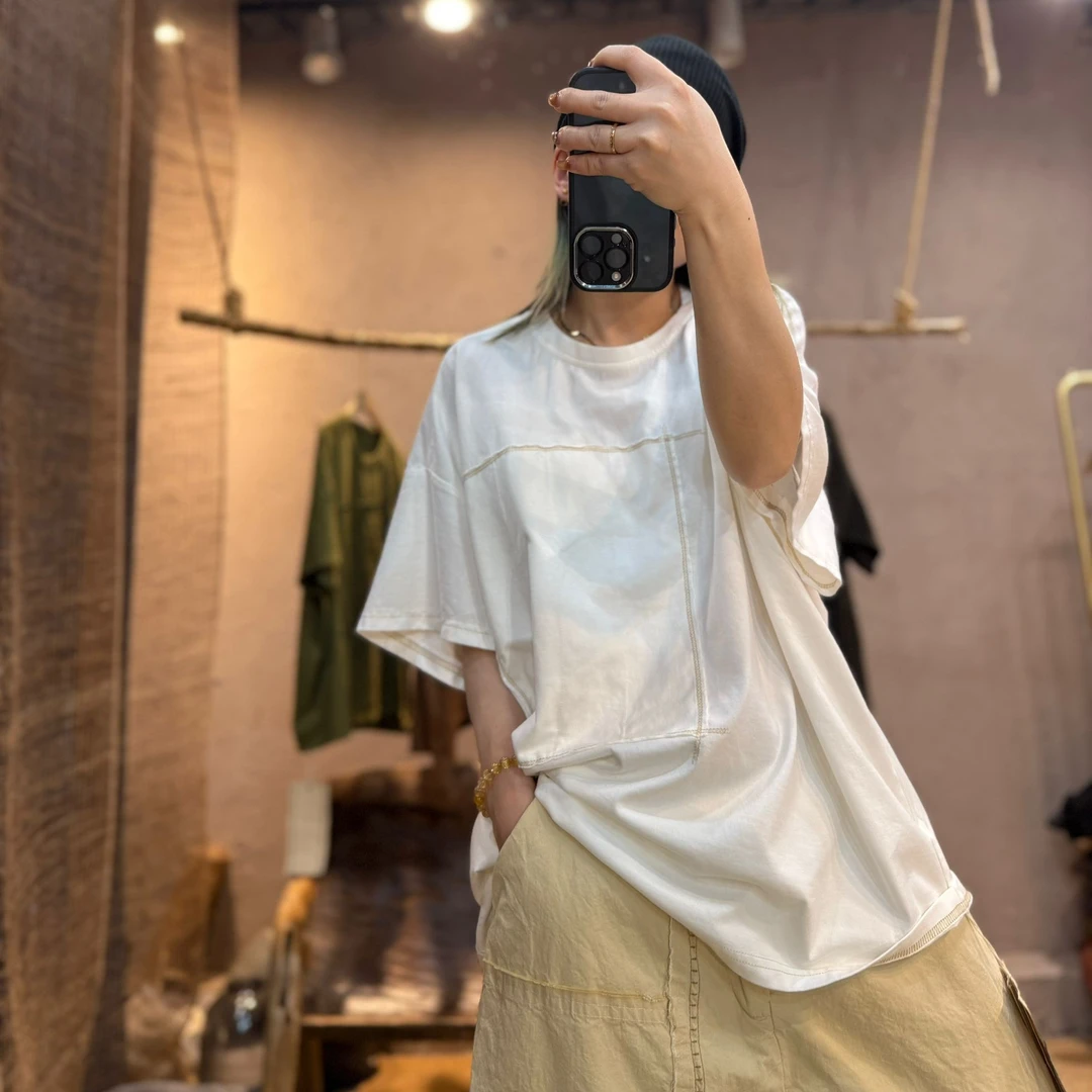 241217忆古朴拙春夏纯棉补丁百搭宽松t恤复古做旧圆领休闲短袖女