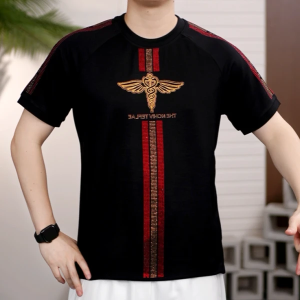 25夏季新品欧版时尚休闲舒适烫钻袖修身商务打底T恤高档时尚男装