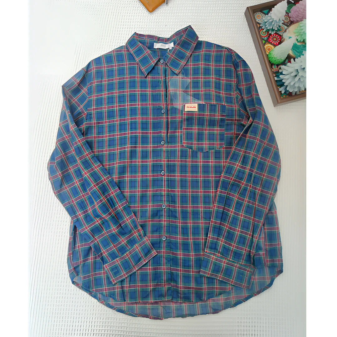 薄款格纹宽松型衬衫领藏蓝格衬衫格子衬衫--孤品清仓