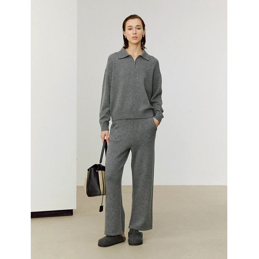 MARIUS慵懒减龄治愈绵羊毛针织半开襟连帽卫衣套衫长裤