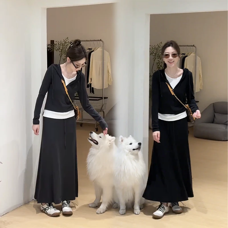 秋季洋气休闲时尚运动套装女小个子假两件连帽上衣宽松显瘦半身裙