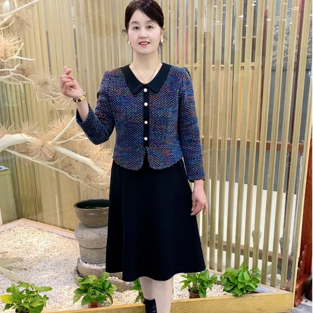 新款妈妈装时尚洋气百搭减龄拼接遮肉显瘦气质长袖中长款连衣裙