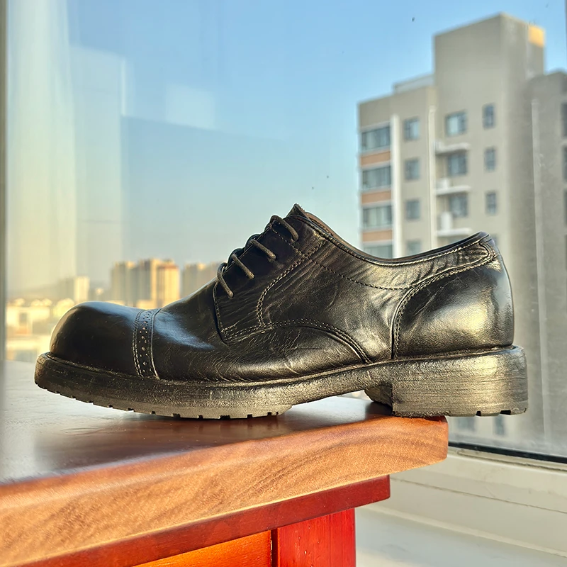 挪威缝厚底工装风大头皮鞋男马皮水洗做旧咖啡色休闲透气手工鞋潮