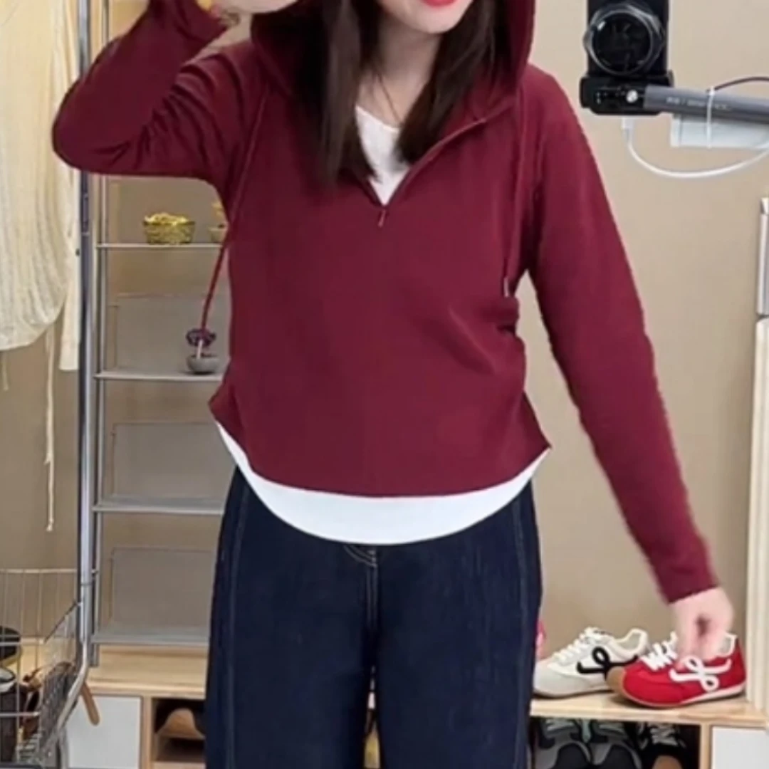 宽松遮肚内搭外穿上衣大码女装2025秋季胖mm设计感假两件连帽长袖