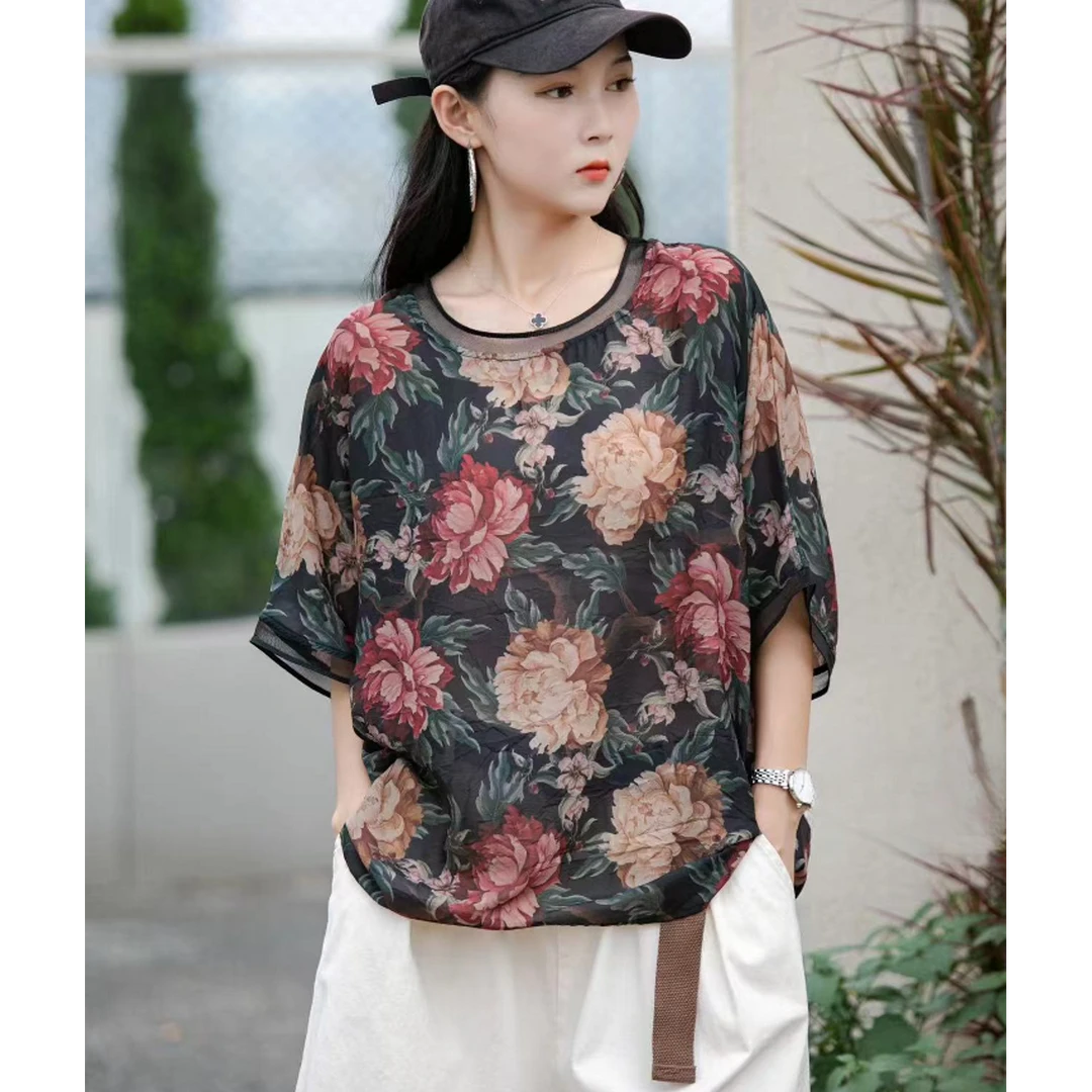 绒贝斯985圆领T恤通勤常规款宽松短袖气质显瘦民族风百搭夏季