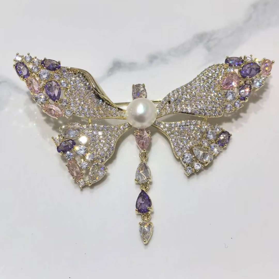 kasiya/卡思雅 铜合金合成锆石胸针 新款百搭蜻蜓流苏胸针