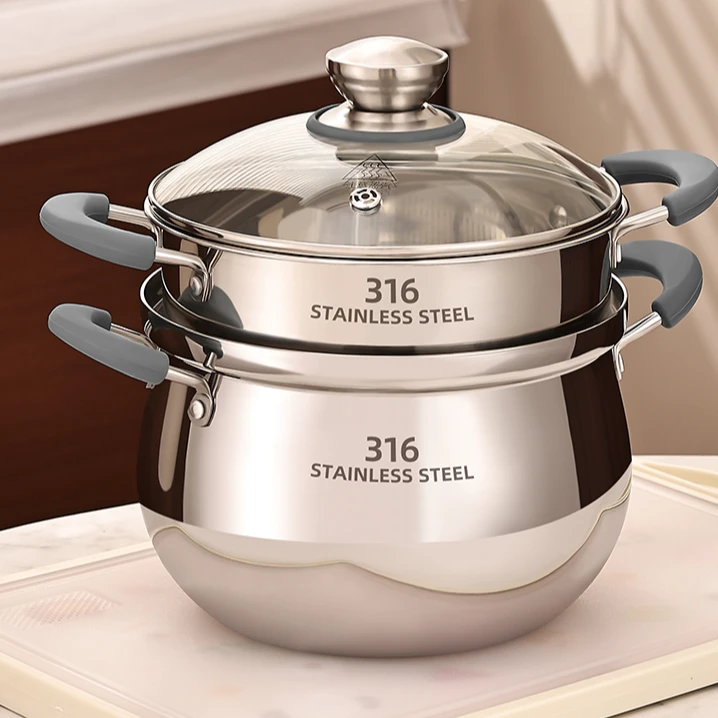 316不锈钢汤锅家用燃气加厚食品级电磁炉双耳煮锅带蒸笼爆款小锅