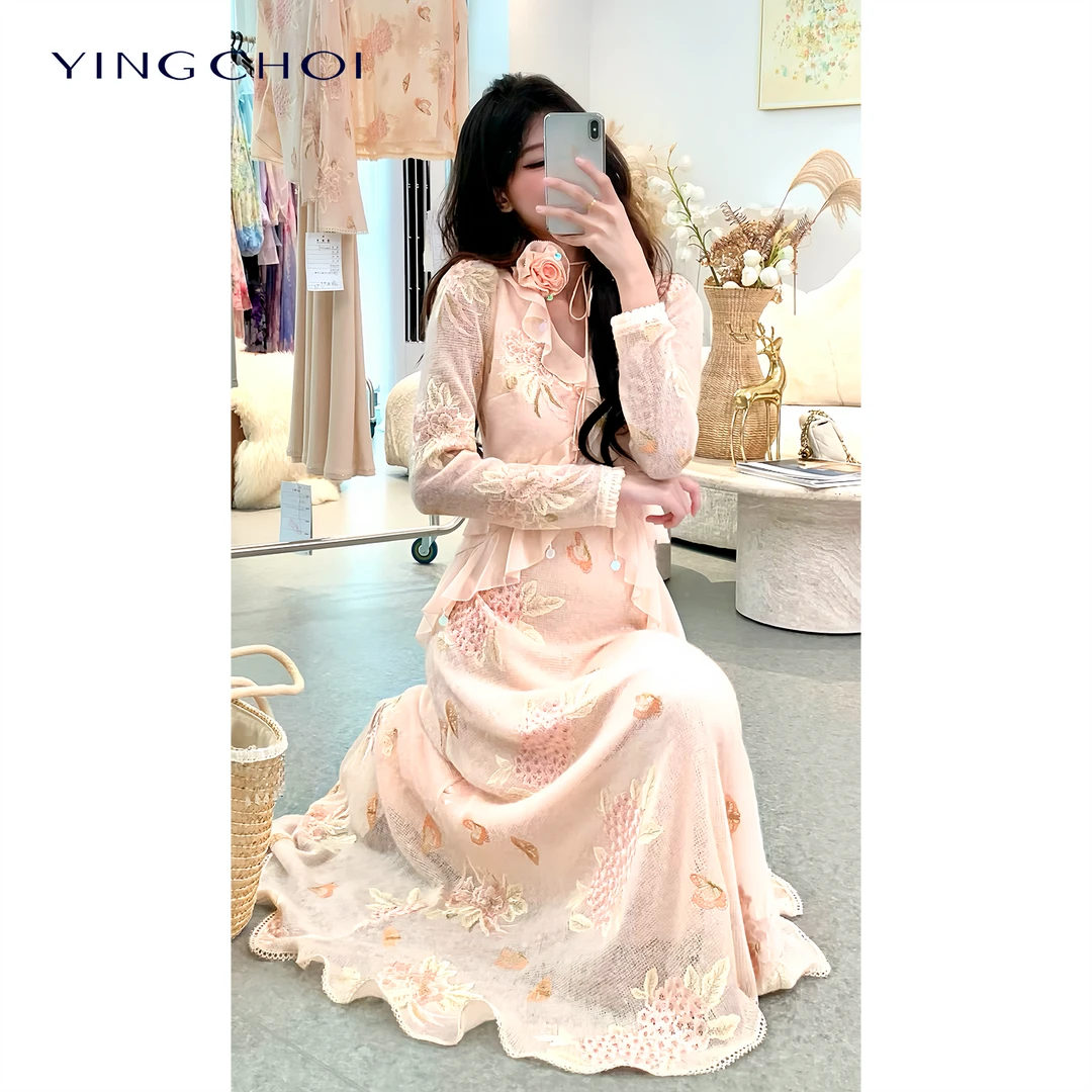【彭彭echo专属】YINGCHOI 马海毛印花连衣裙秋冬仙女风YCKSD32410D