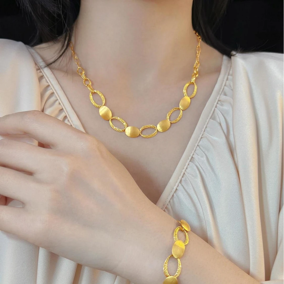 铜合金项链 法式金色锁骨链项链轻奢感拉丝工艺环环相扣颈链手链