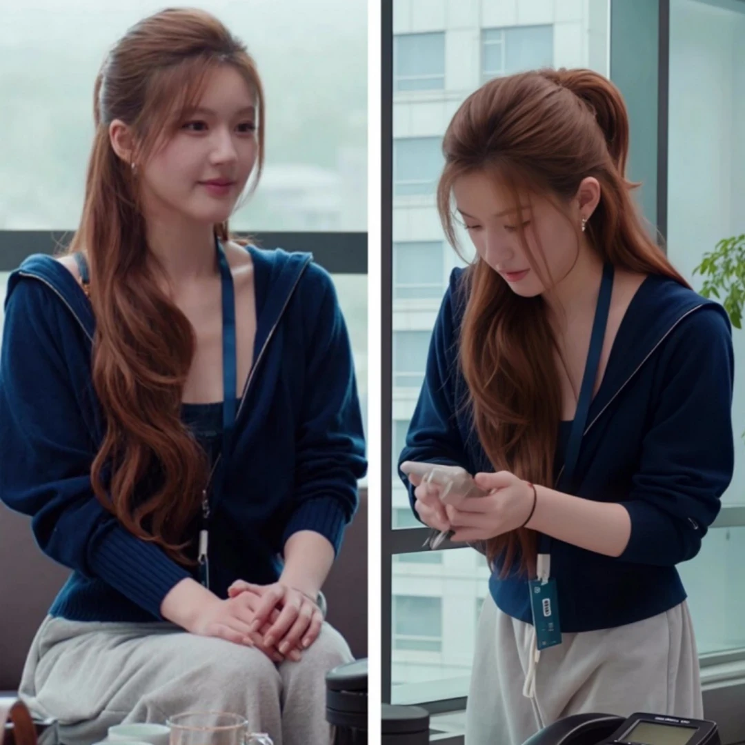 【许我闪耀】赵露思同款蓝色拉链连帽针织开衫宽松针织毛衣CQ7530