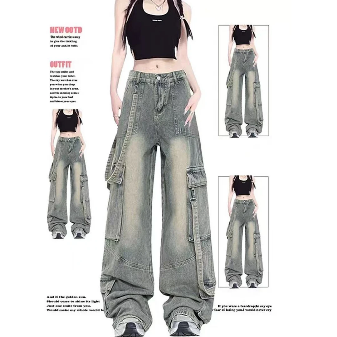 美式复古工装阔腿牛仔裤女秋冬款高街设计感宽松显瘦高腰直筒裤子