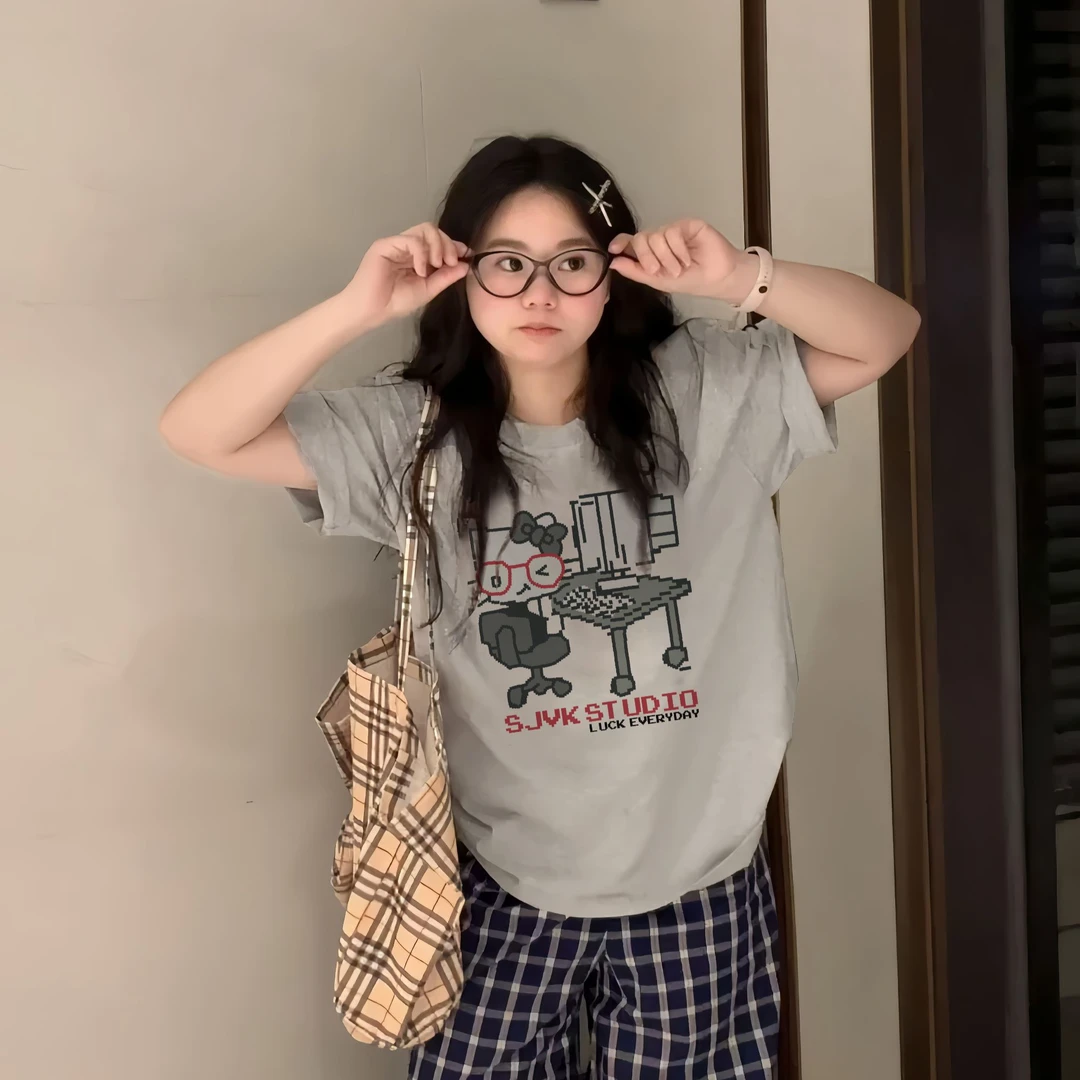 【帝韵】新款灰色圆领凯蒂猫印花夏季纯棉短袖T恤洋气衣服女上衣ins