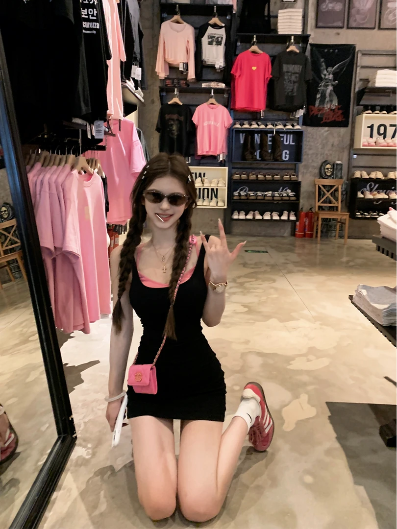 JMSHOP 辣妹玩家 纯欲显瘦连衣裙女夏叠穿内衣短款吊带包臀背心裙