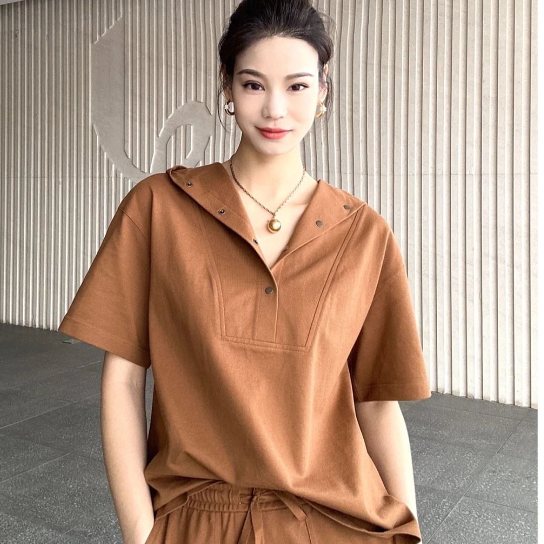 AMASS/阿玛施-新款夏季简约休闲轻松连帽翻领短袖上衣女530013