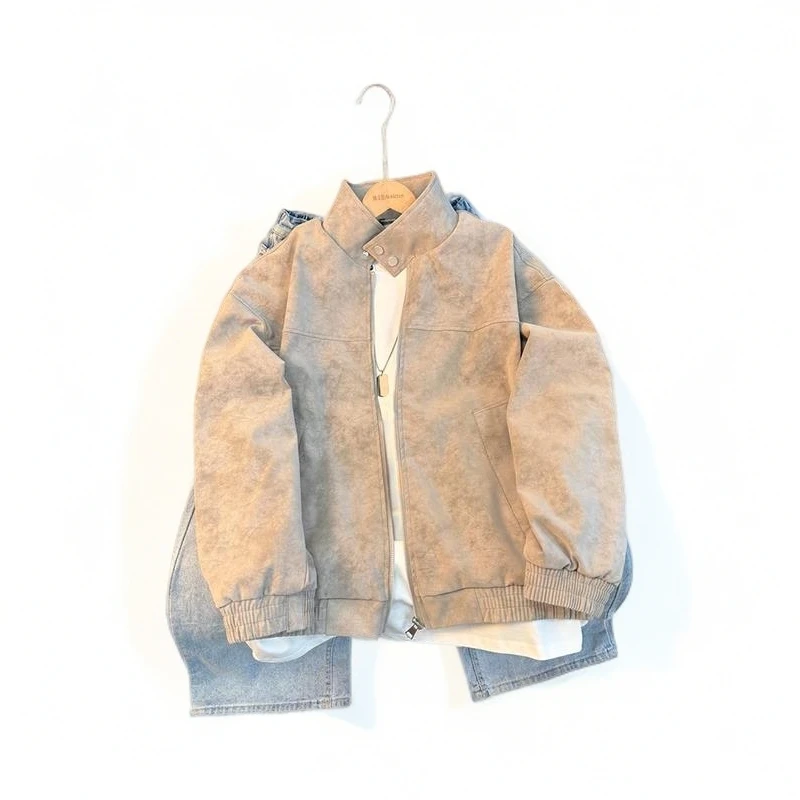 美式复古水洗一体绒皮夹克加绒加厚男款冬季立领设计感纽扣外套潮