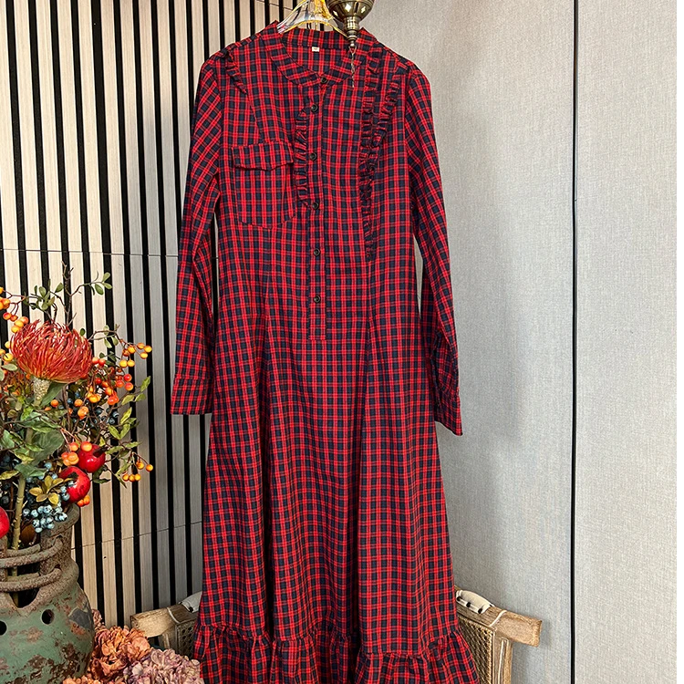 秋冬厚款格纹百搭宽松裙木耳边立领连衣长裙气质长袖女士A82662-1