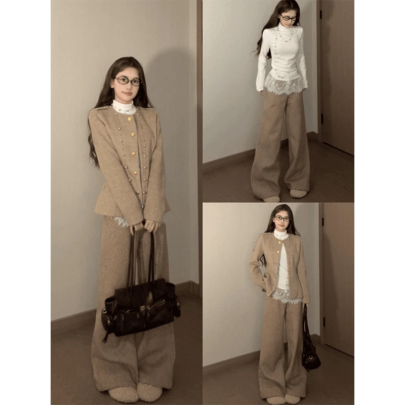 早秋季蕾丝打底衫法式气质老钱风穿搭长袖毛呢外套垂感高腰休闲裤