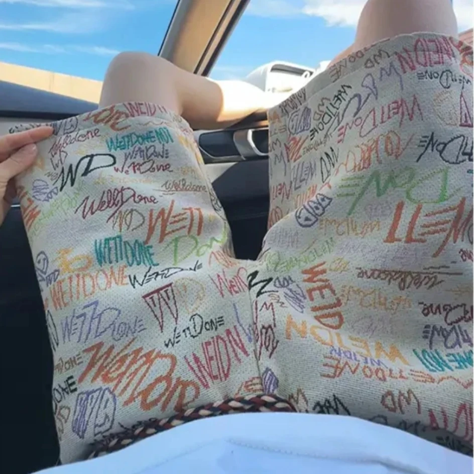 夏威夷风字母涂鸦阔腿宽松短裤男款夏季潮流休闲薄款五分裤短裤