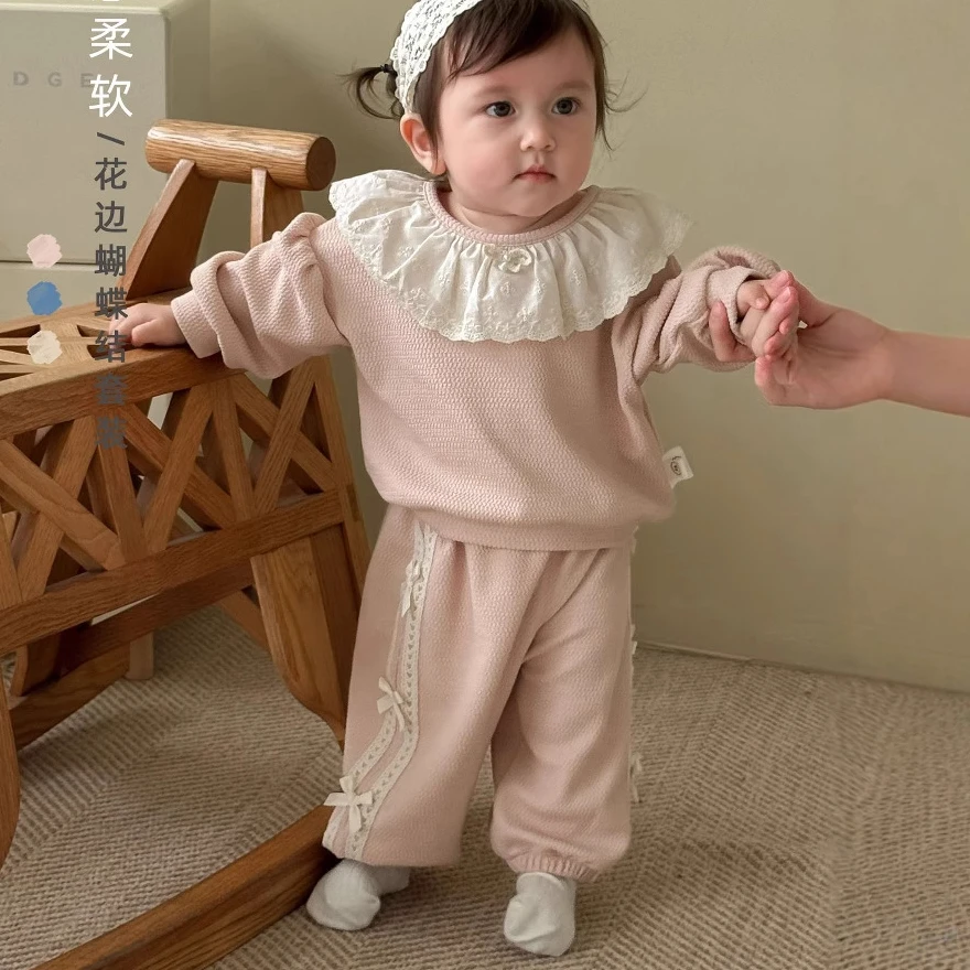 女童韩版秋装新款秋季女宝宝洋气花边领卫衣儿童蝴蝶结织带卫裤