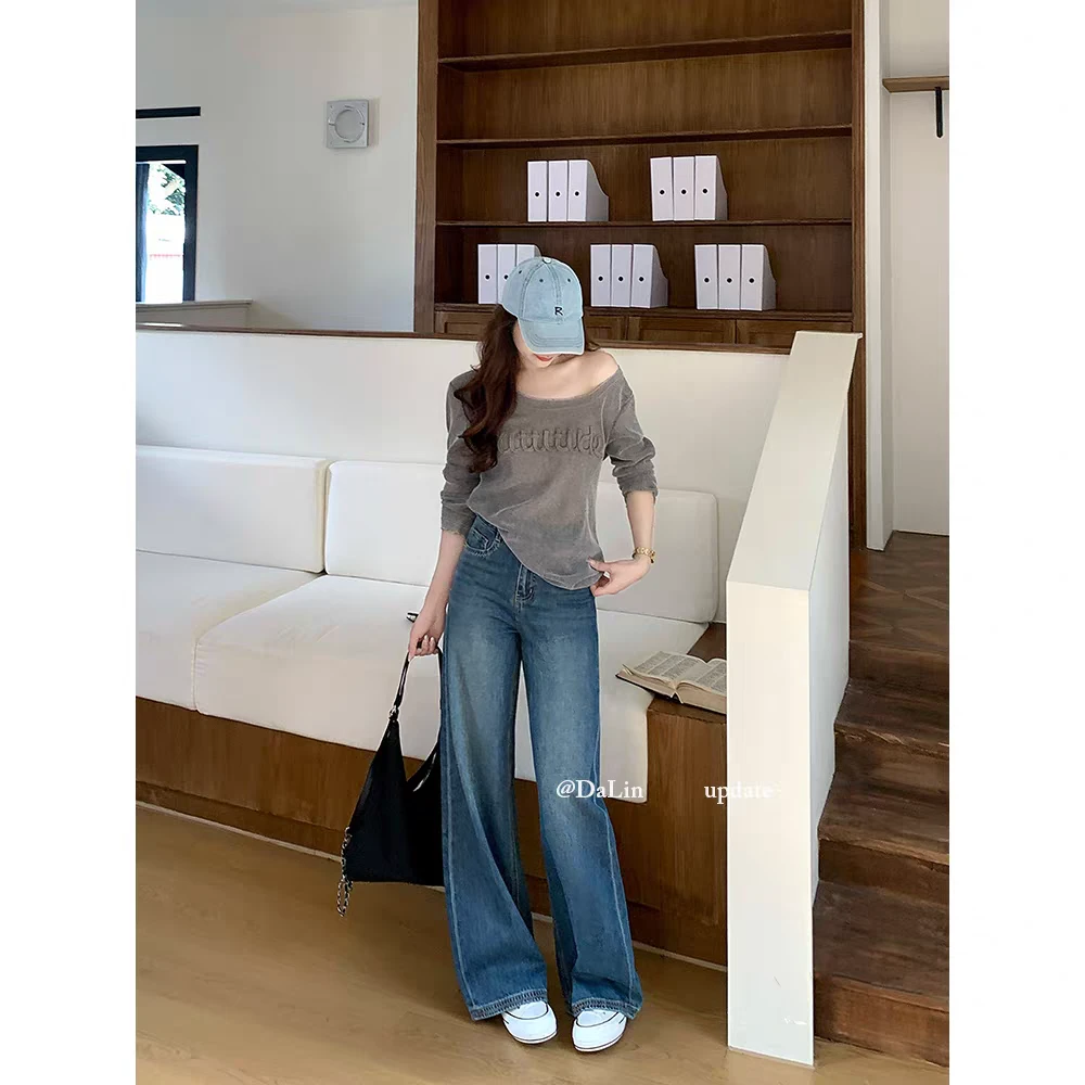 2025秋冬新款阔腿裤女高腰牛仔裤女复古设计感YE382