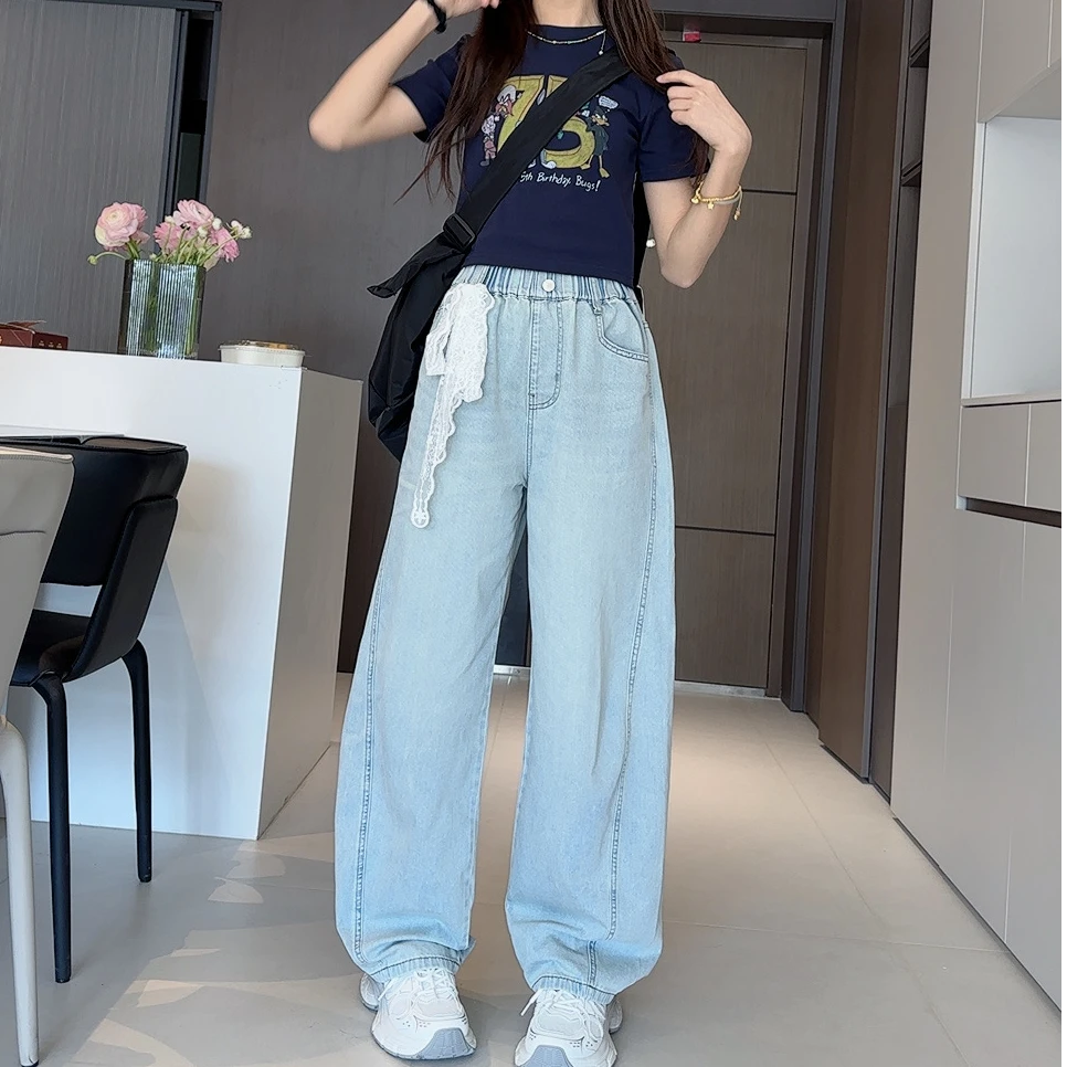 跳跳鱼童装  2025夏季新款蕾丝系带高腰宽松显瘦牛仔阔腿裤279046