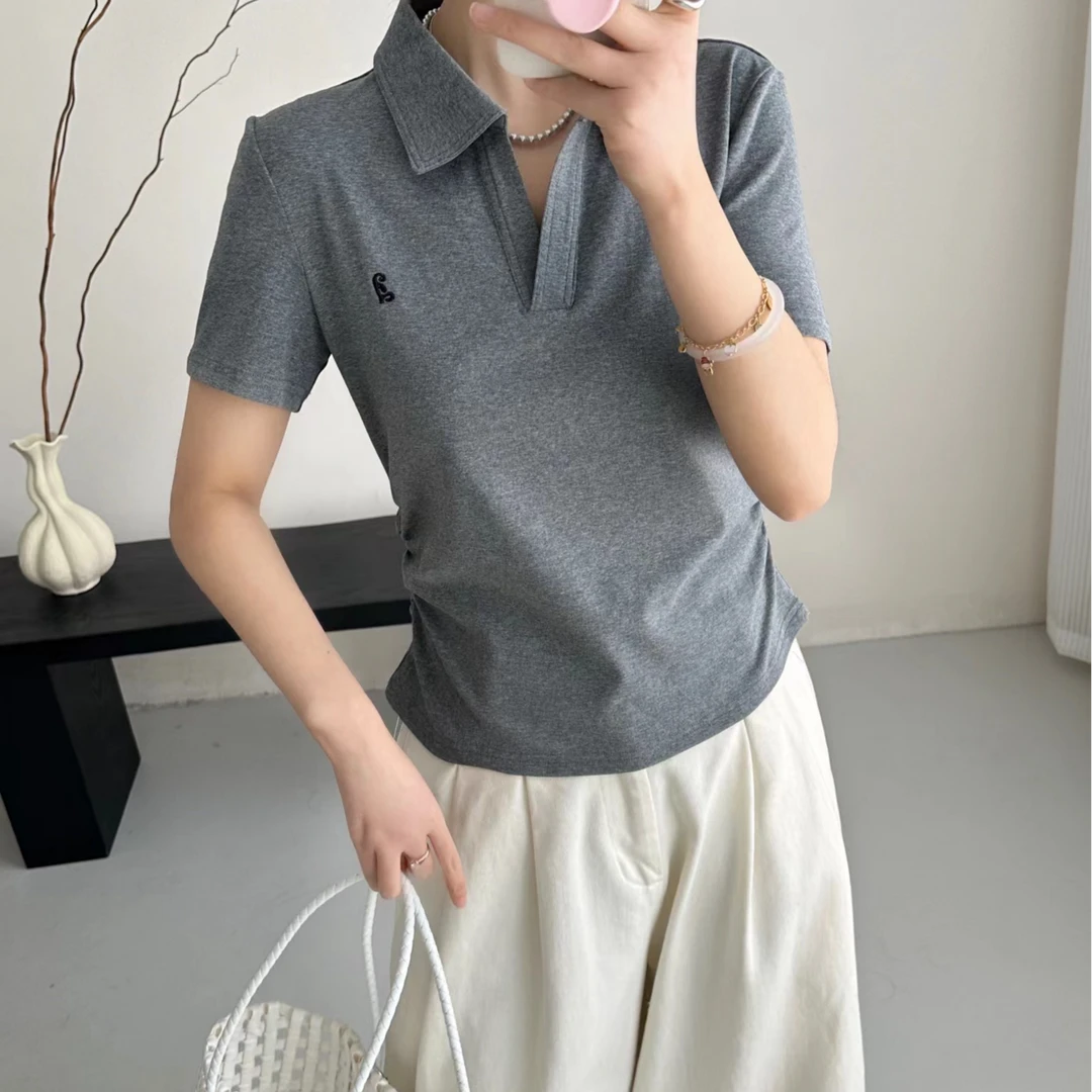 【苗姐优选】学院风翻领刺绣polo领收腰显瘦上衣短袖T恤DMKX25176