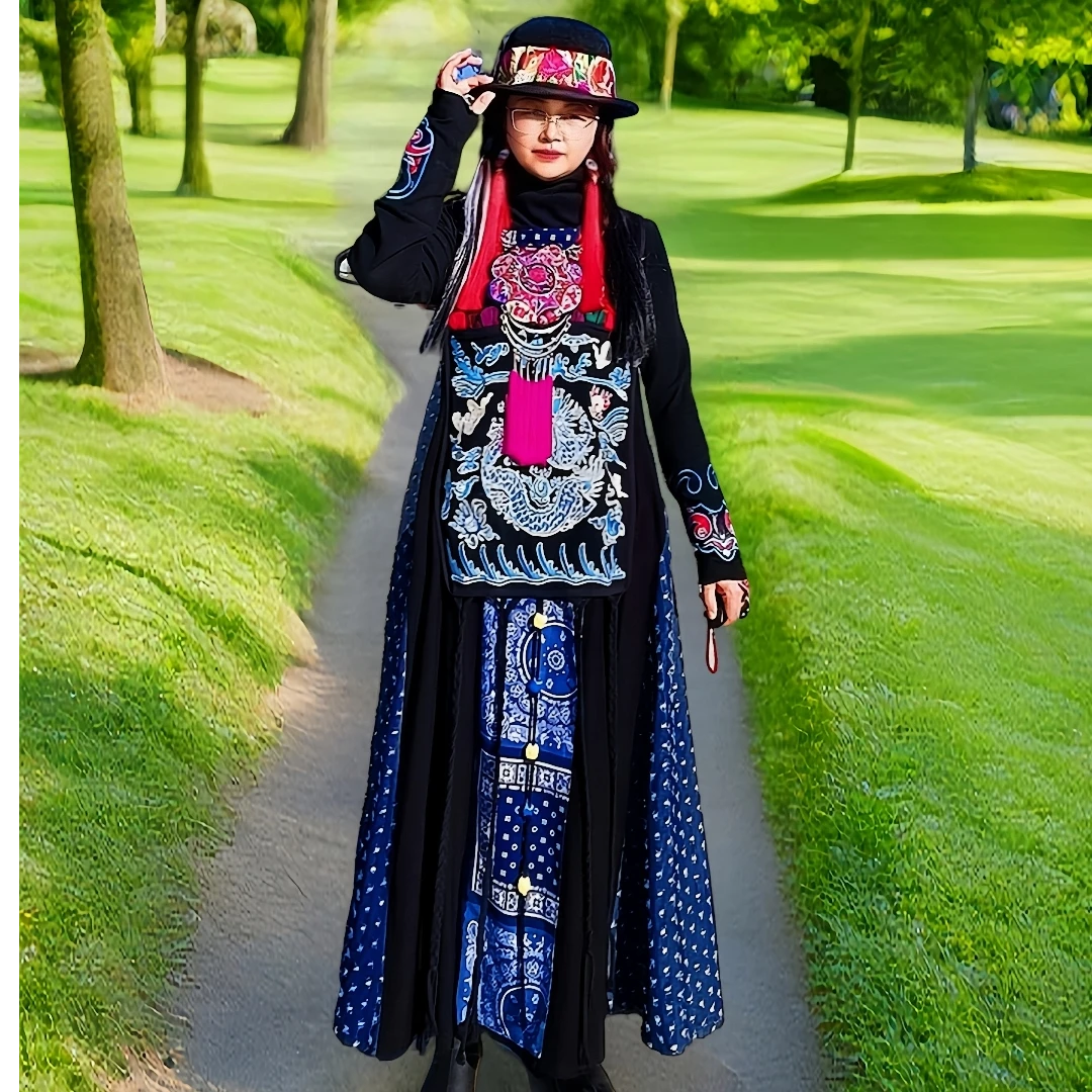 【清溪】刺绣蓝龙拼接腊染印染棉麻民族风文艺风休闲无袖长款连衣裙