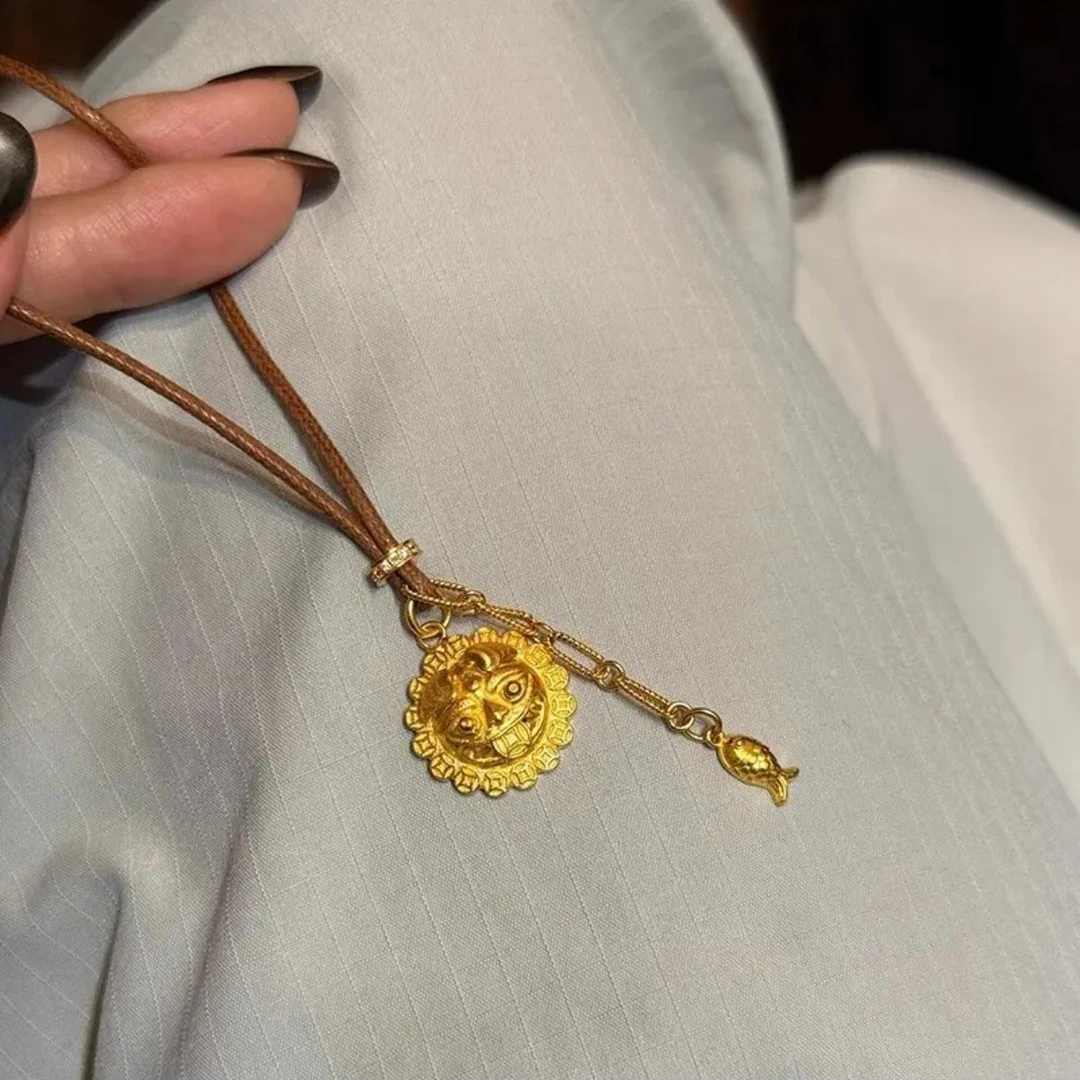 瑞诺黄金吞金兽铜钱项链新款足金999小众编绳吊坠男女款百搭项链
