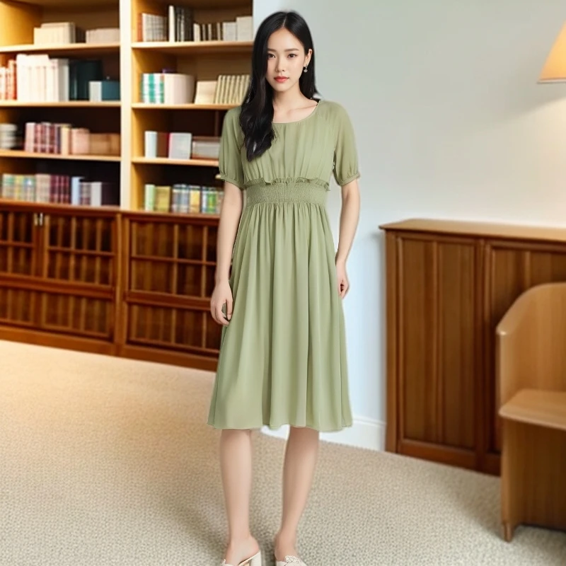 A601表瓷绿简约时尚气质收腰显瘦复古连衣裙夏季设计师漏背泡泡袖