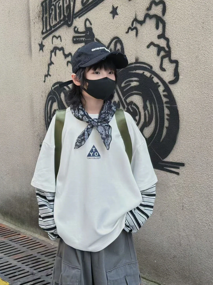 【小哥童装】秋款男童长袖休闲宽松T恤时尚动感风假两件卫衣59051