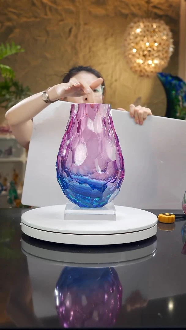 手工艺品琉璃金红蓝凹面花瓶53号微瑕（口不圆）