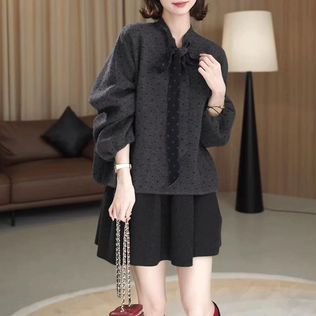 2025年冬季新款时尚波点飘带系蝴蝶结短外套女韩系慵懒风上衣