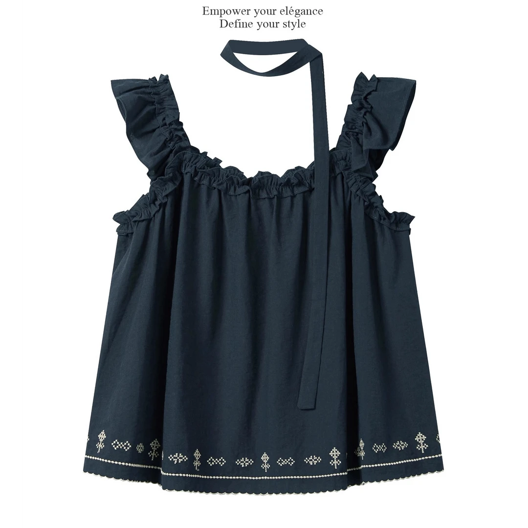 羊城故事-复古刺绣木耳花边娃娃衫女新款小众百搭无袖衬衫251965