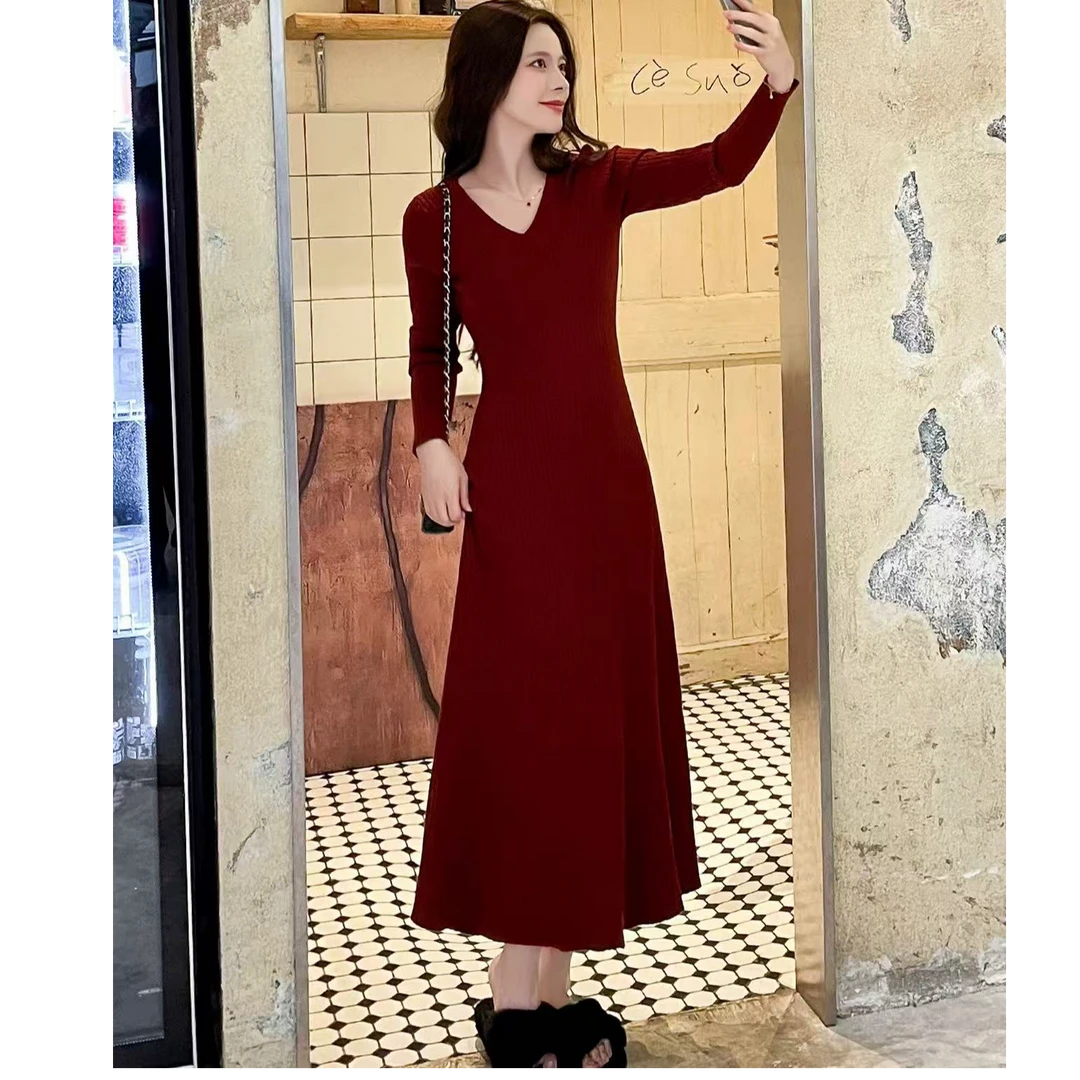 秋冬配大衣内搭毛衣裙女气质显瘦打底针织连衣裙长袖修身长裙